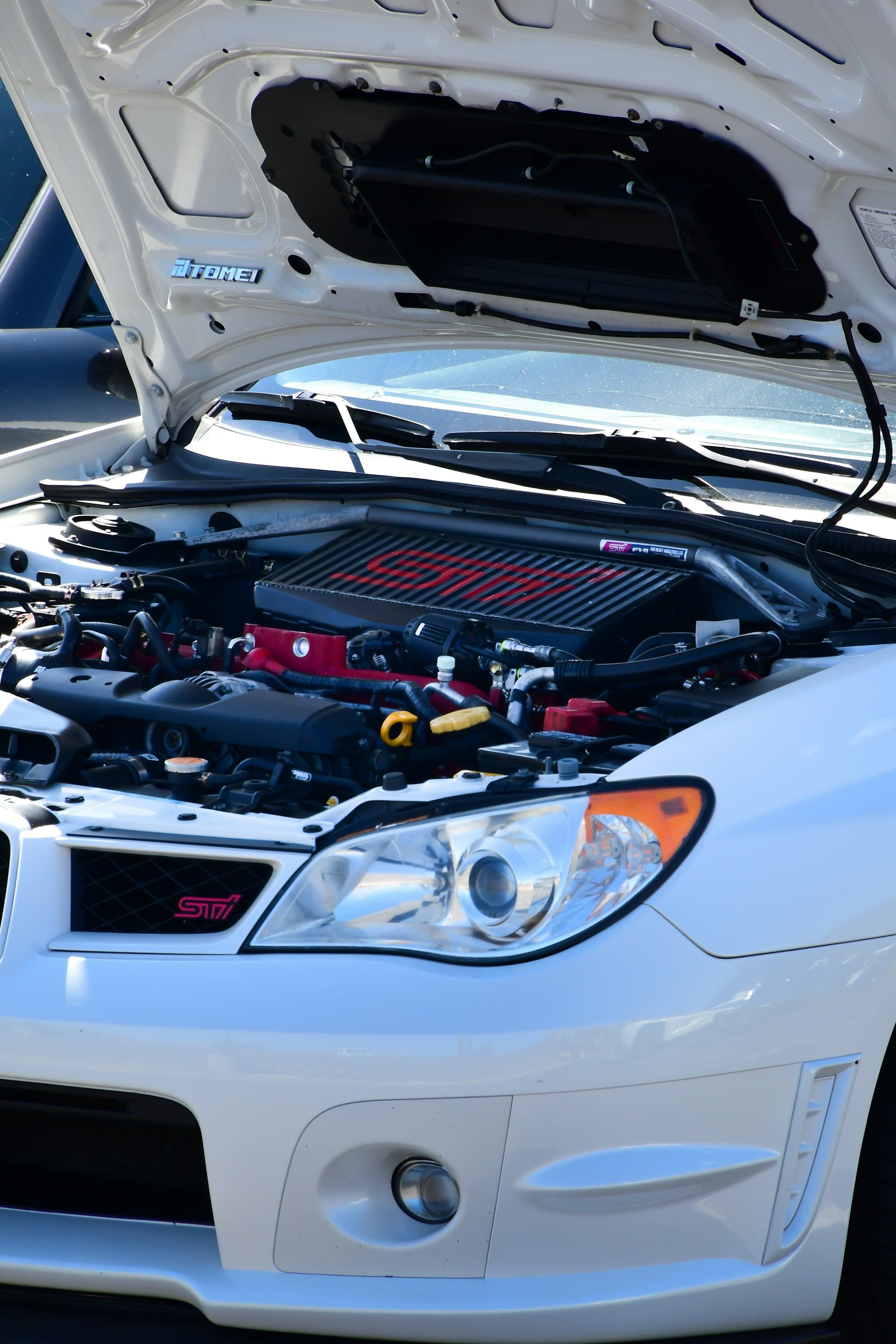 Clean engine bay of a white car with the hood open